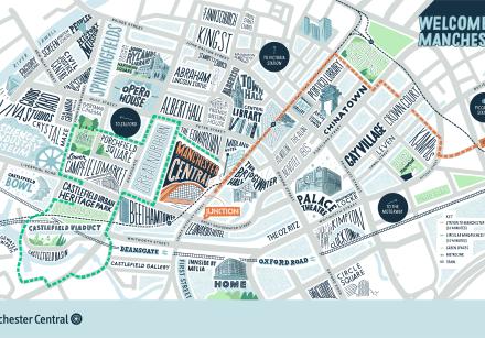 An illustrated map of Manchester, showing Manchester Central in orange at the centre, with walking routes.