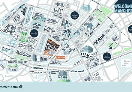 An illustrated map with Manchester Central at the heart in orange, with blue illustrations of the city centre.