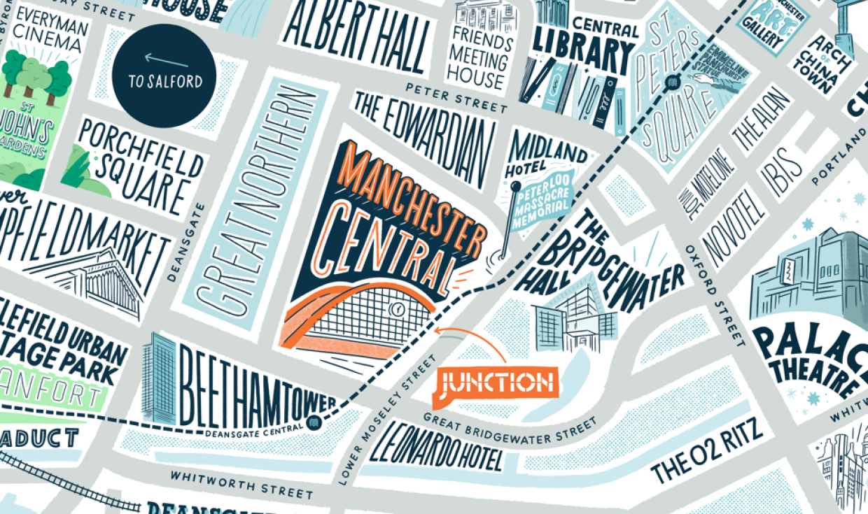 An illustrated map of Manchester, showing Manchester Central in orange at the centre.